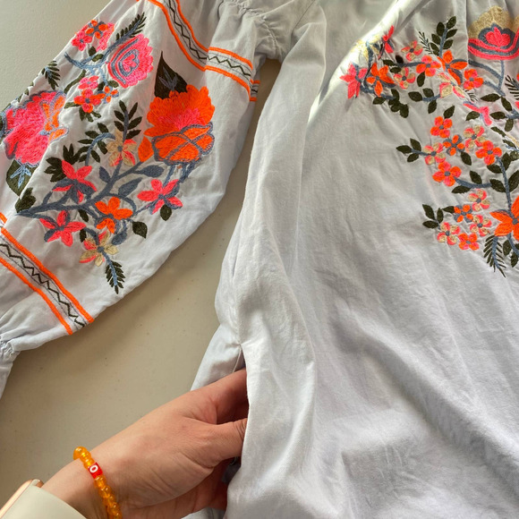 Free People Fleur Du Jour Light Blue Embroidered Mini Dress Long Bubble Sleeve - Picture 7 of 13